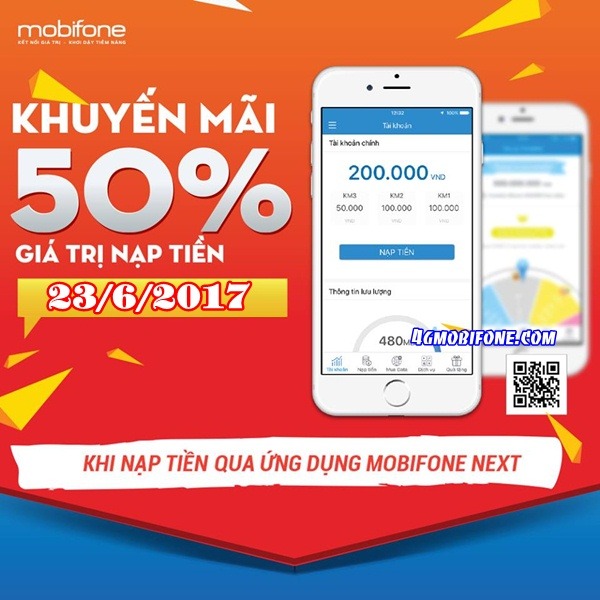 Mobifone khuyến mãi ngày 23/6 qua mobifone next tặng 50% giá trị thẻ nạp