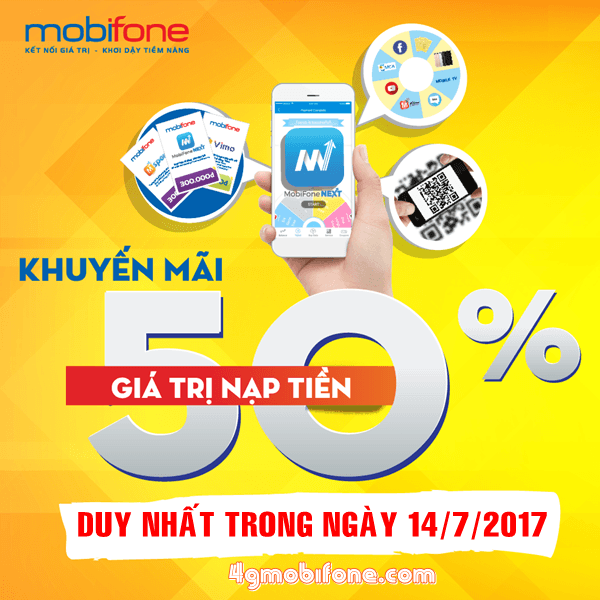 Mobifone khuyến mãi ngày 14/7/2017 tặng 50% thẻ nạp